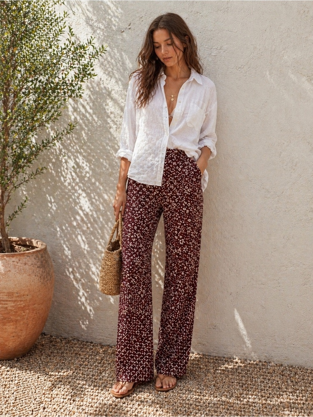 Free People Linen Floral Pants Burgundy High Rise Straight Leg Boho